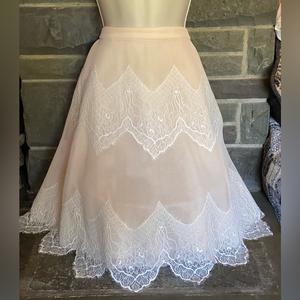 Beautiful A-line midi skirt,NWOT,English Factory,white mesh/lace over cream,S